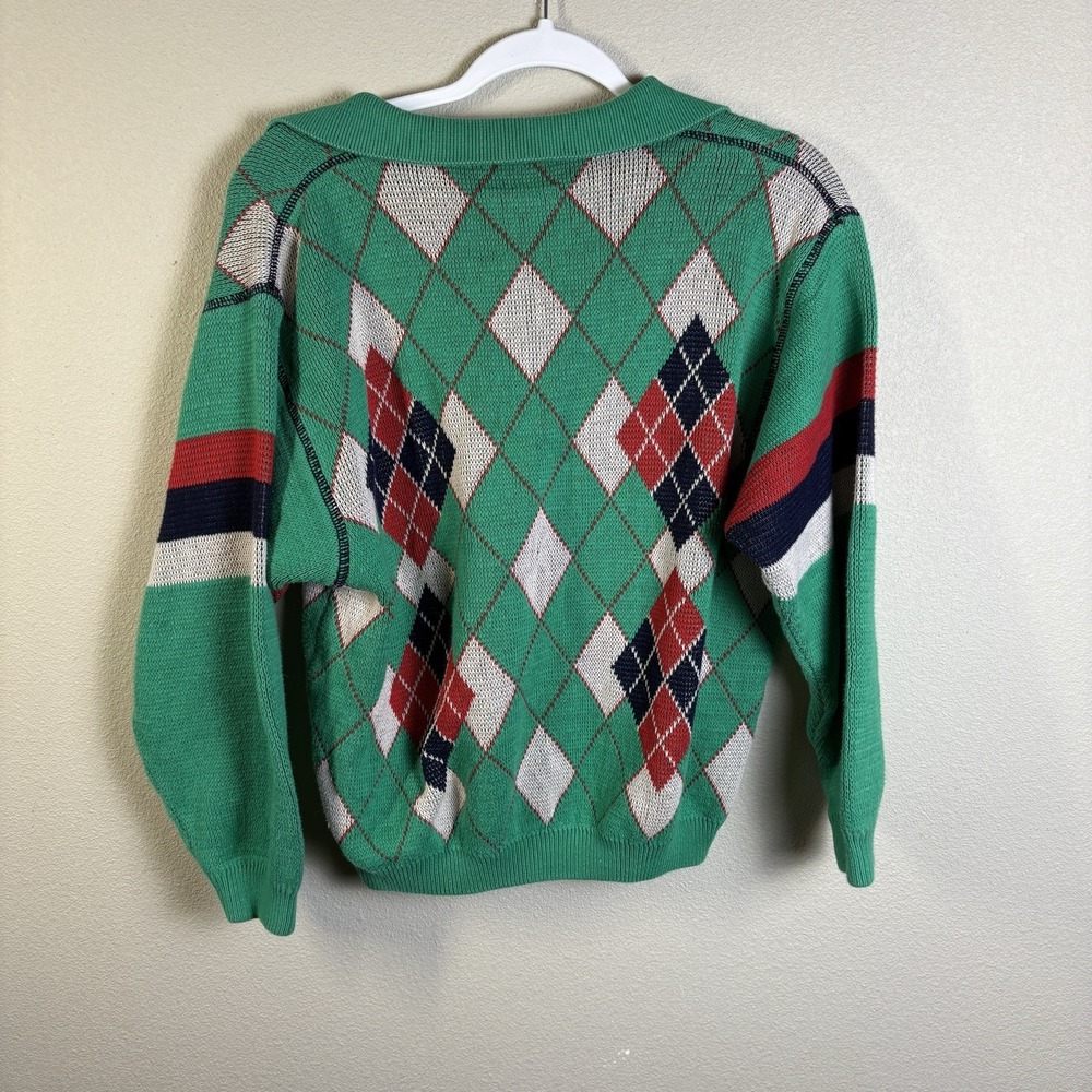 Benetton Vintage Women's Argyle Sweater Preppy Tennis Prep Old Money 100% Cotton - Picture 5 of 9